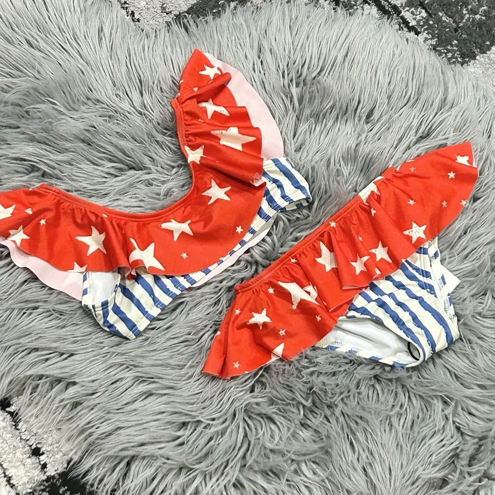 Noé & Zoë Girls Blue Stripes Patriotic Ruffle Bikini UV‎ 50 ($65) 4T